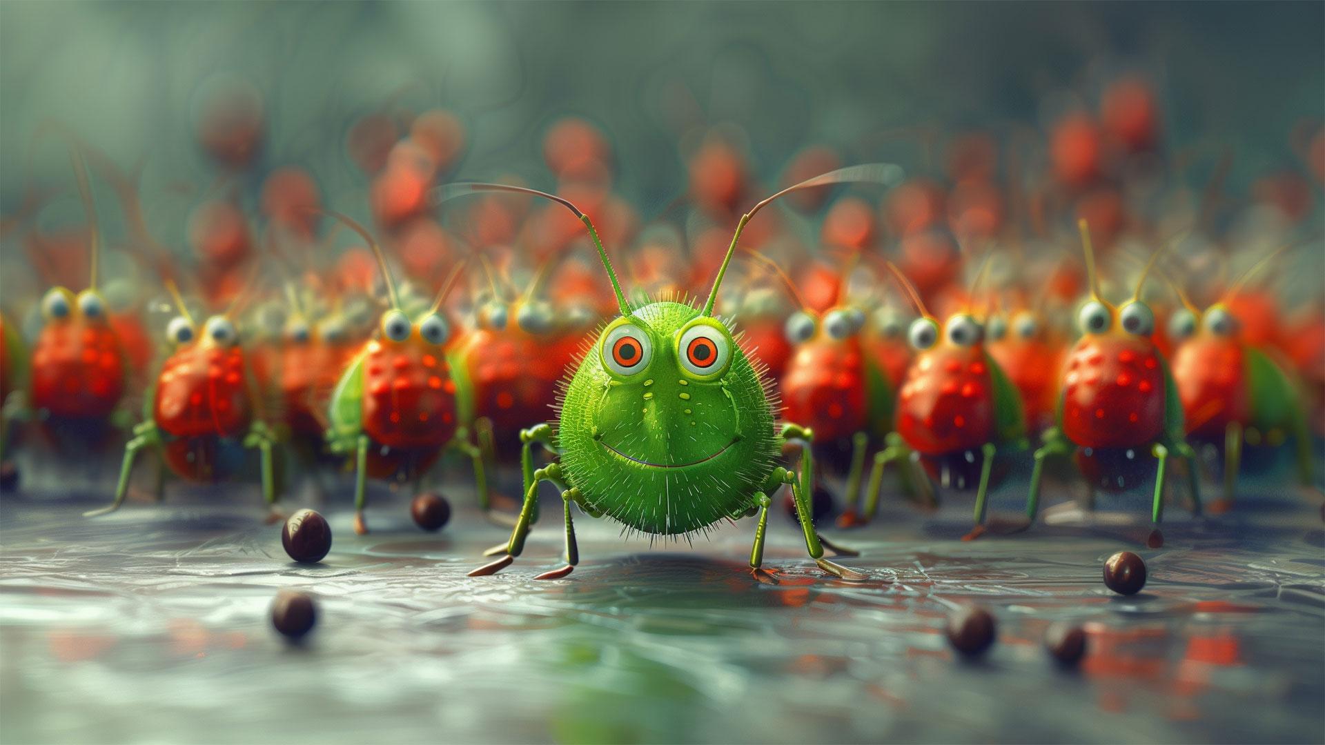 Red bugs behind a green one